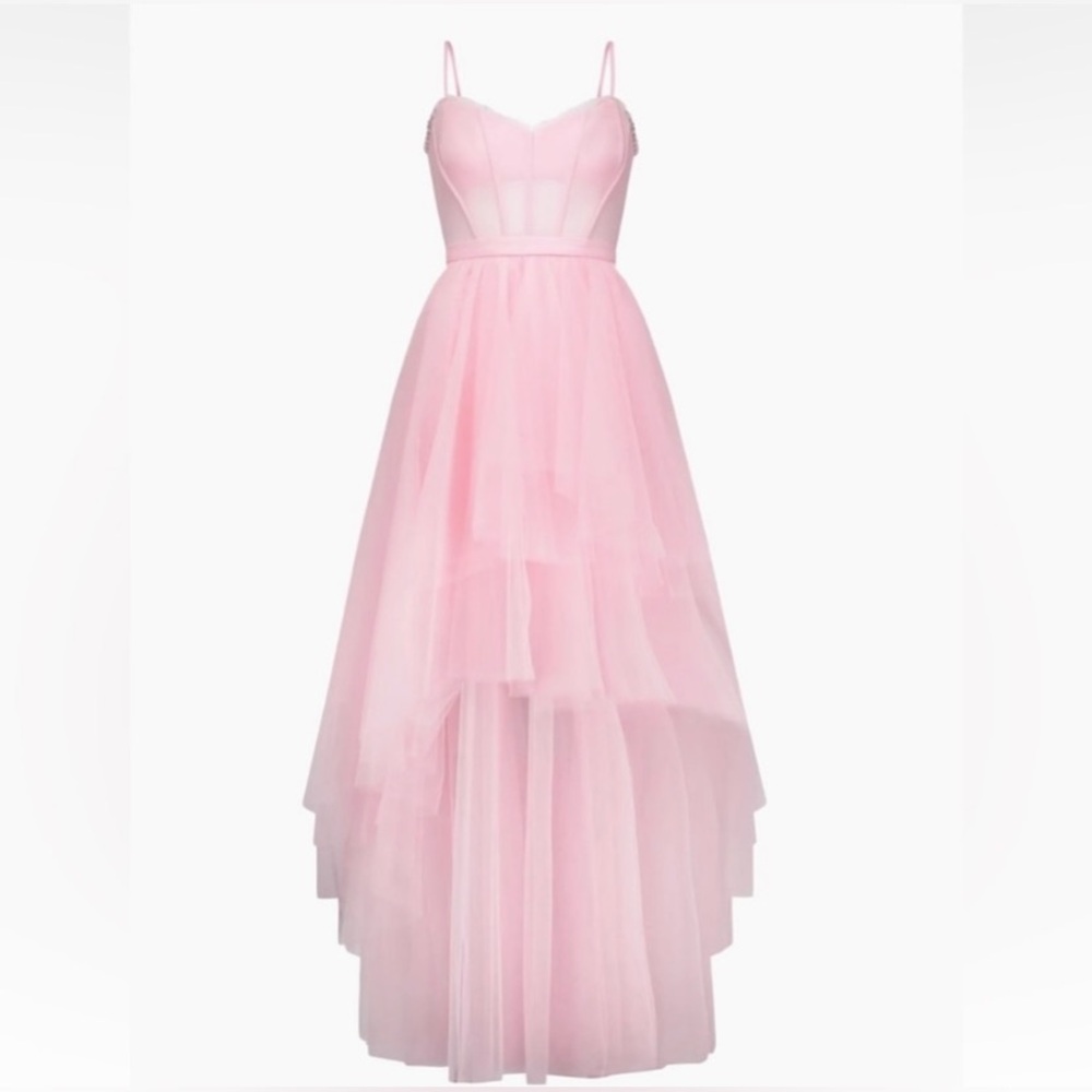 BCBGMAXAZRIA Corset Tiered Gown in Pink Rose. Size 8